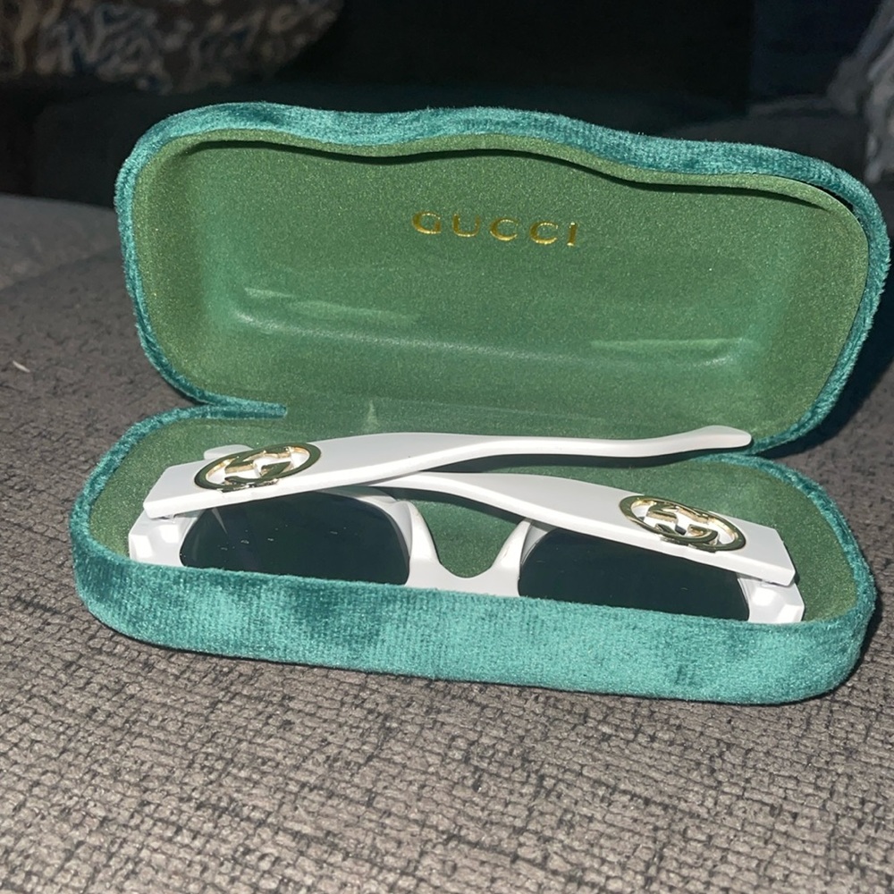 Gucci White Frame Sunglasses with Gold Logos